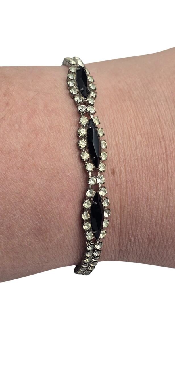 Rhinestone & Black Marquise Tennis Bracelet Vintage Mid-Century Romance
